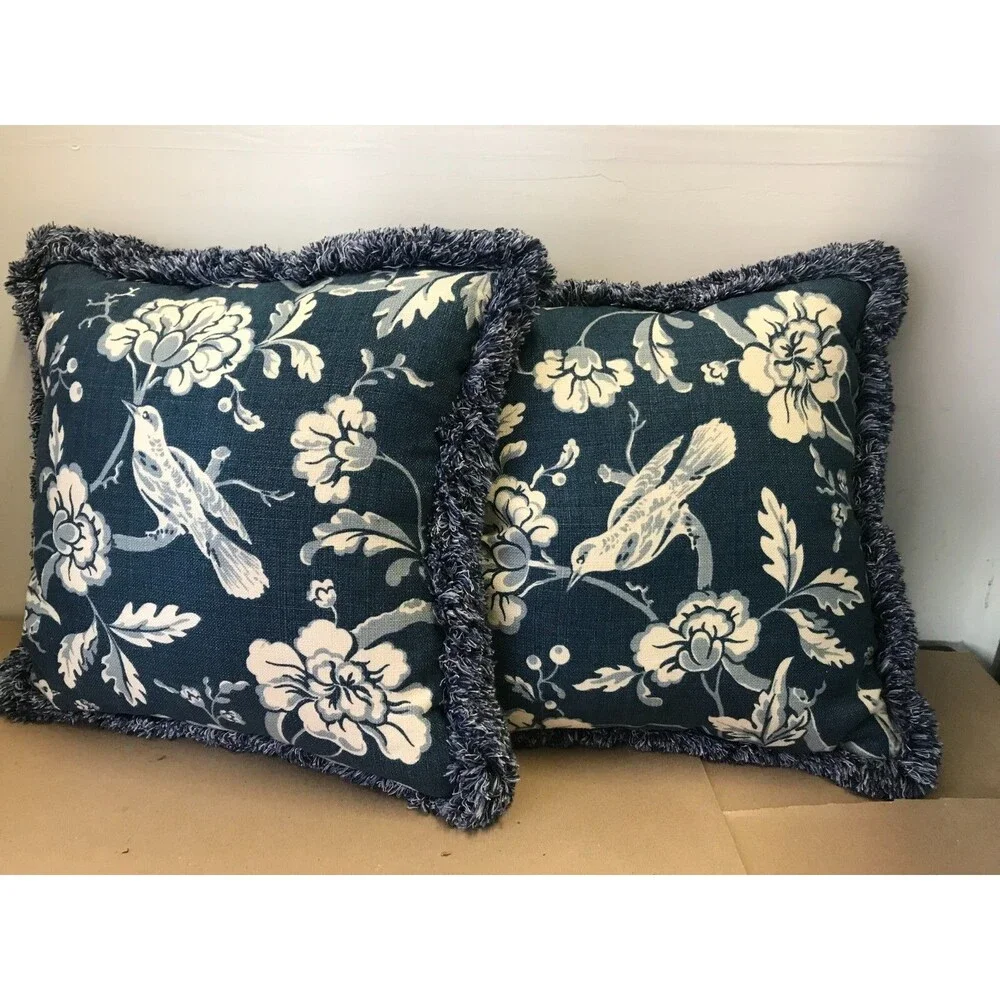 Set of 4 Bird Toile Decorative Linen Floral Pillows